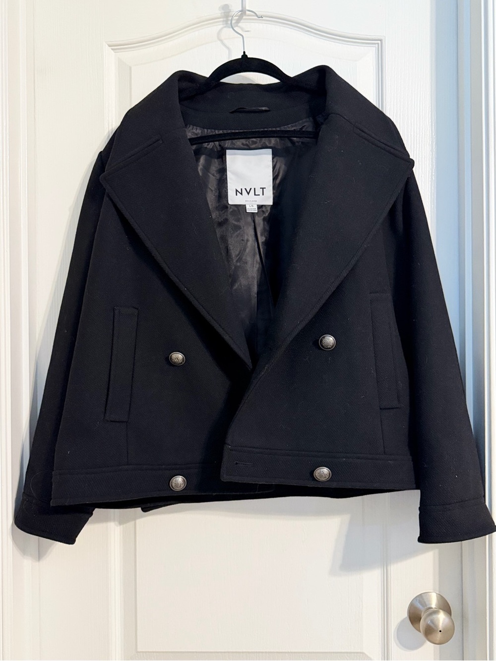 NVLT Anthropologie Black Double-Breasted Wool-Blend Retro Oversized Peacoat Sz L